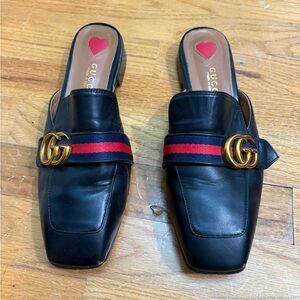 Women's Black Leather Mules with Gold Accent